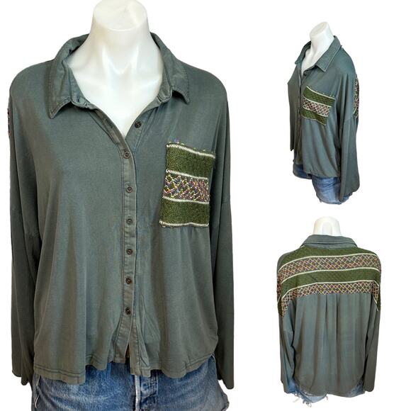 Olive Green Boho Oversize Button Up Shirt MEDIUM Bell Sleeve Slouchy Top POL NEW - Picture 11 of 11